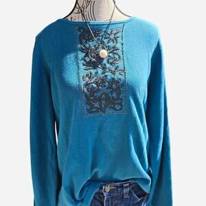 Bob Mackie blue long sleeve top with embroidered design and rhinestones. Size L